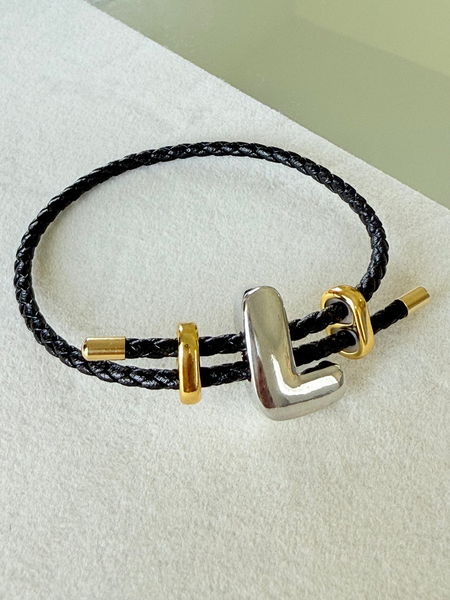 Silver Initial Leather Bracelet (P017)