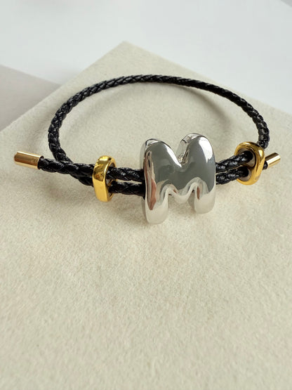 Silver Initial Leather Bracelet (P017)