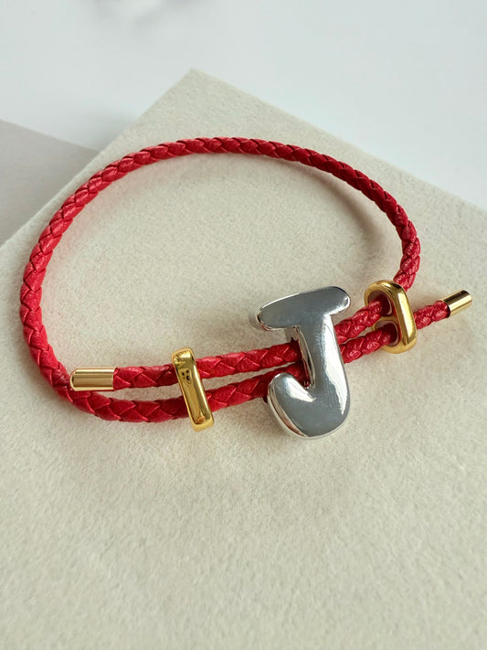Silver Initial Leather Bracelet (P017)