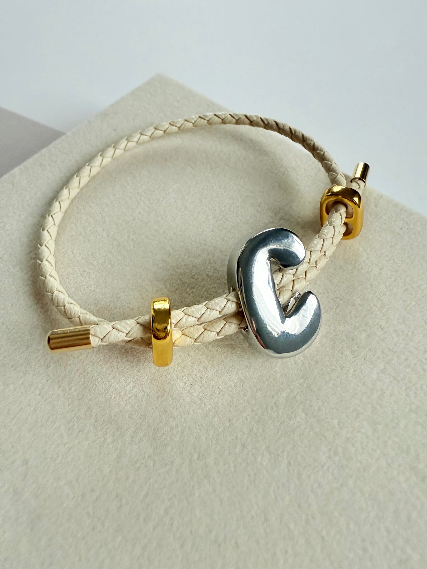 Silver Initial Leather Bracelet (P017)